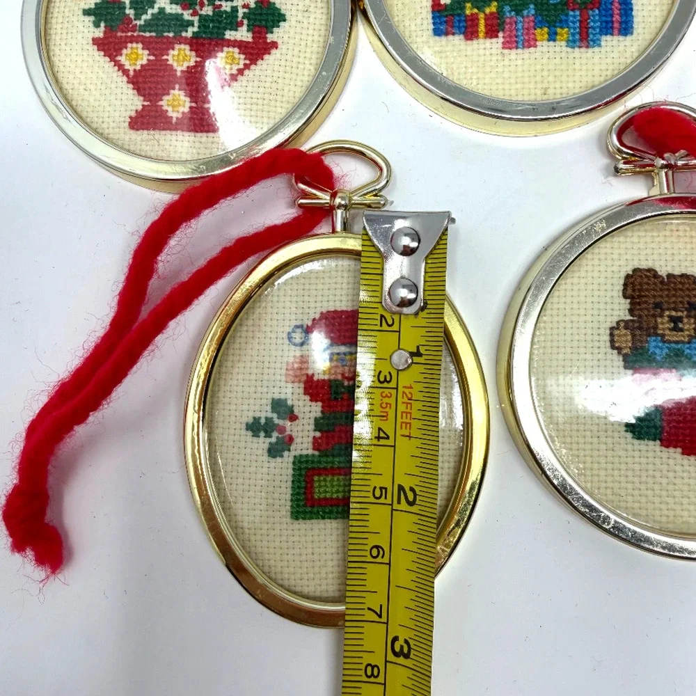 Lot of 5 Handmade Cross Stitch Christmas Ornaments Metal Frames Vintage